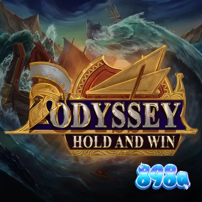 Tampilan grid 4x4 dalam permainan slot Odyssey Hold and Win dengan latar belakang pertempuran laut.